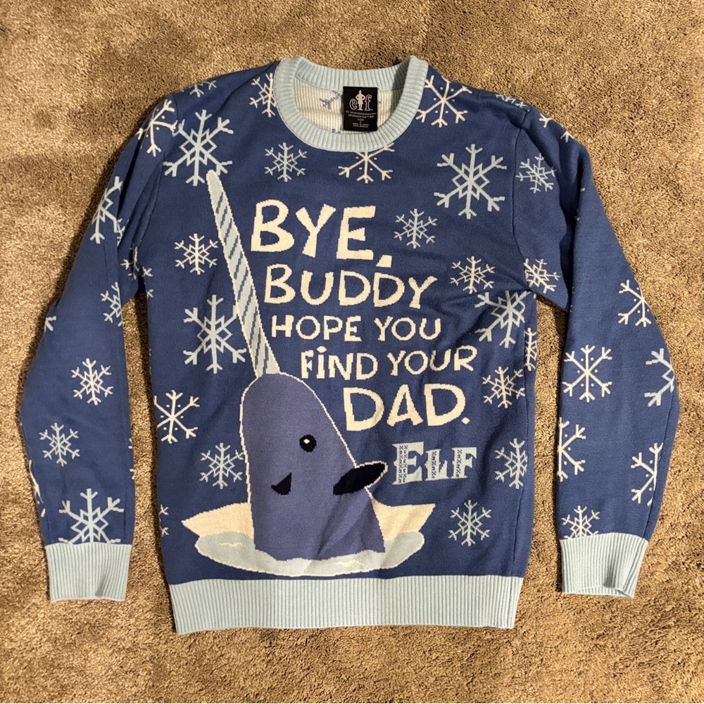 Elf “Bye Buddy Hope You Find Your Dad” Ugly Christmas Sweater – Adult Small